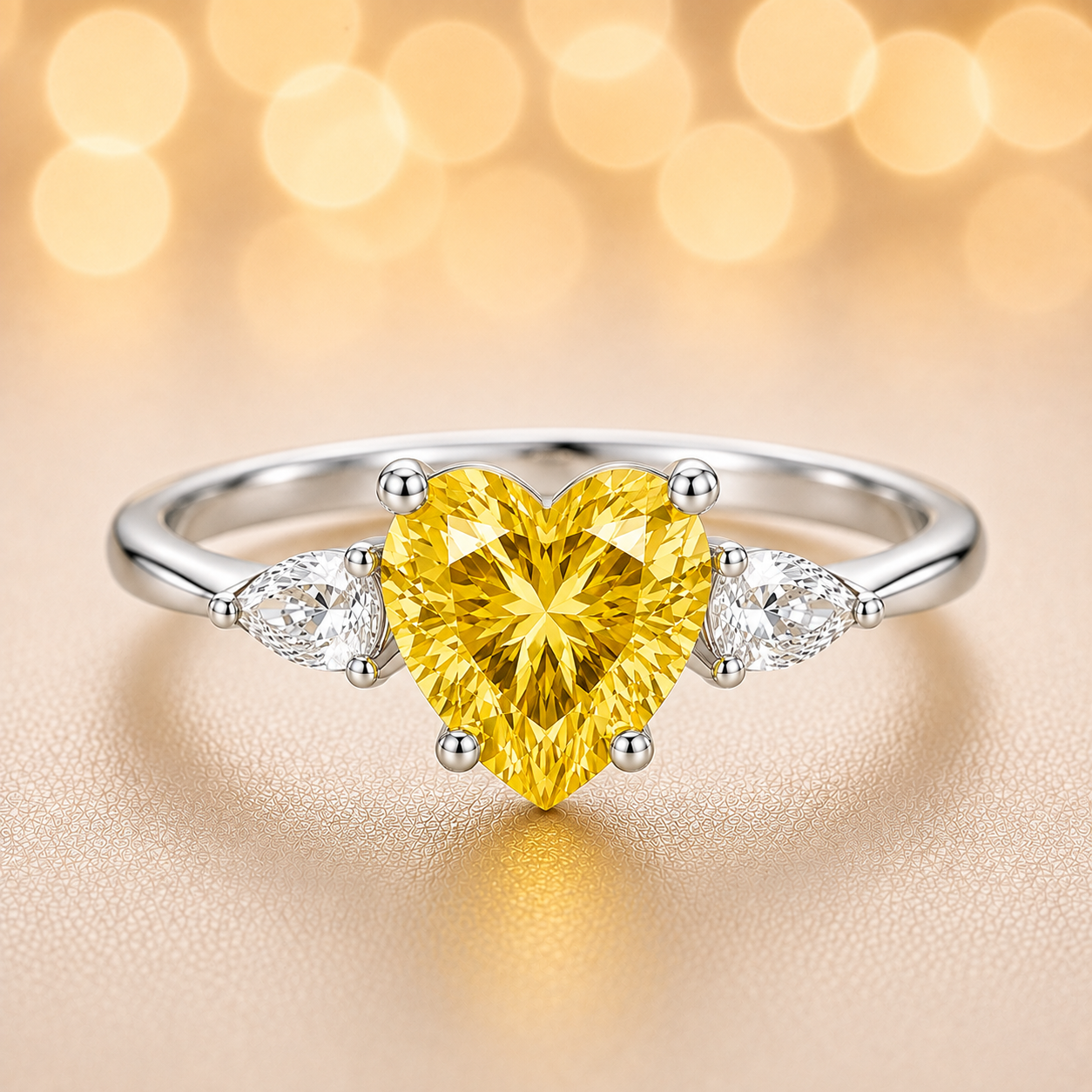 6 mm heart-cut yellow sapphire ring with pear-shaped Moissanite accents, set in white-gold-plated 925 silver. Romantic and charming. Available at BSI Jewelry.