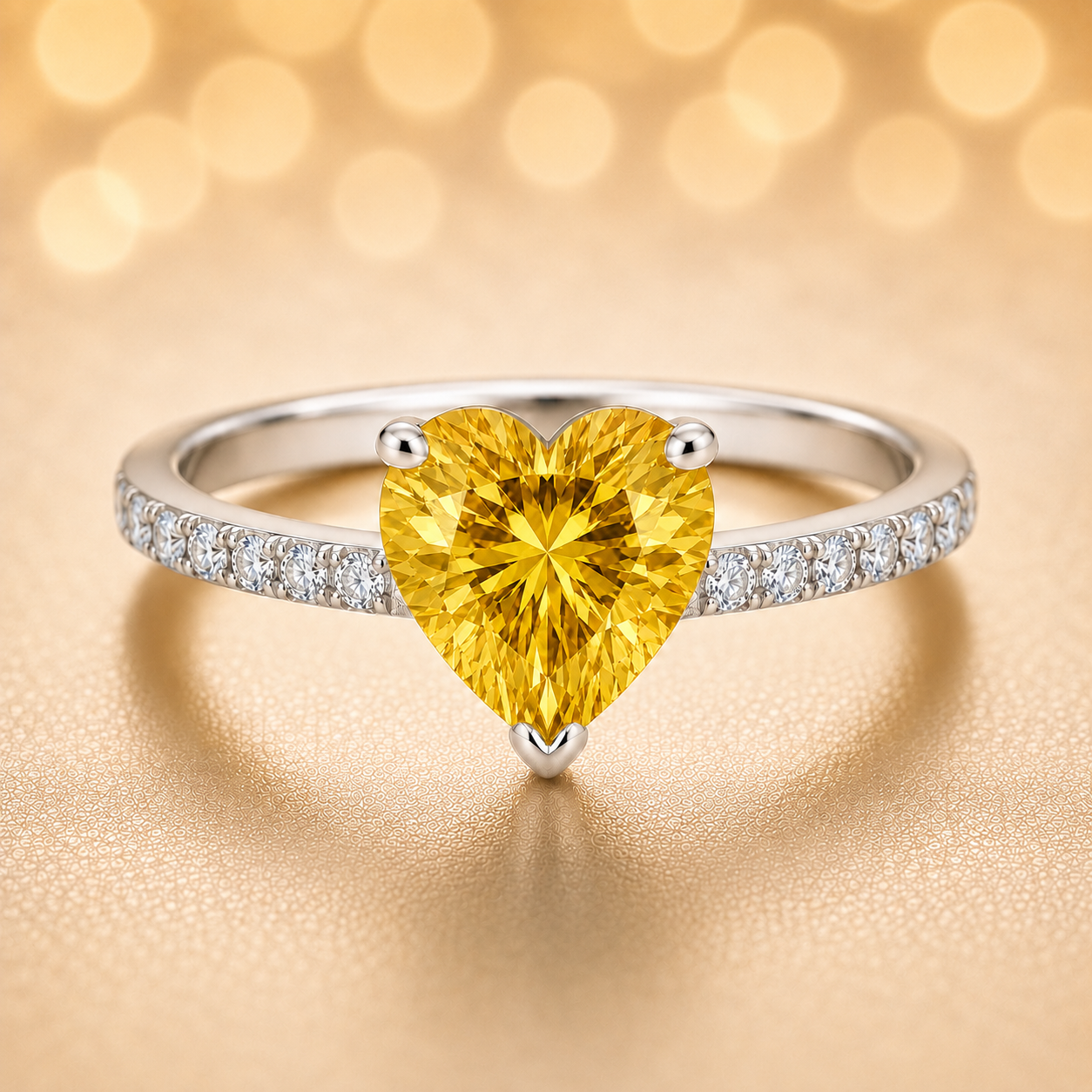 6mm heart-cut Yellow Sapphire ring with Moissanite accents in white-gold-plated 925 silver. Elegant, timeless, and hypoallergenic. Available now at BSI Jewelry.
