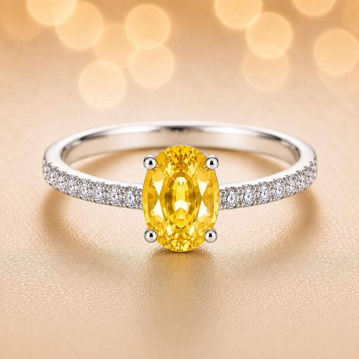 Elegant yellow sapphire engagement ring in white gold-plated 925 silver, accented with Moissanite. Brilliant and hypoallergenic. Available now at BSI Jewelry.