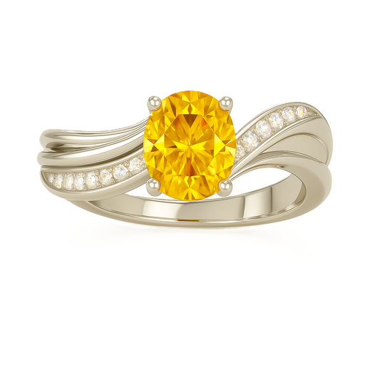 5×4 mm oval-cut yellow sapphire ring with Moissanite accents on a wave band in white-gold-plated 925 silver. Graceful and timeless charm. Now at BSI Jewelry.