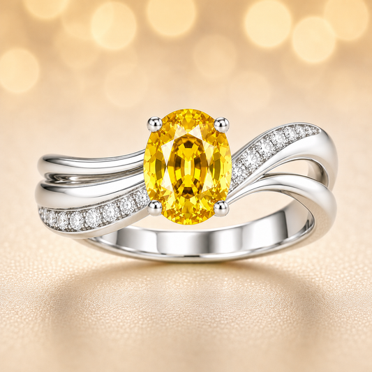 5×4 mm oval-cut yellow sapphire ring with Moissanite accents on a wave band in white-gold-plated 925 silver. Graceful and timeless charm. Now at BSI Jewelry.