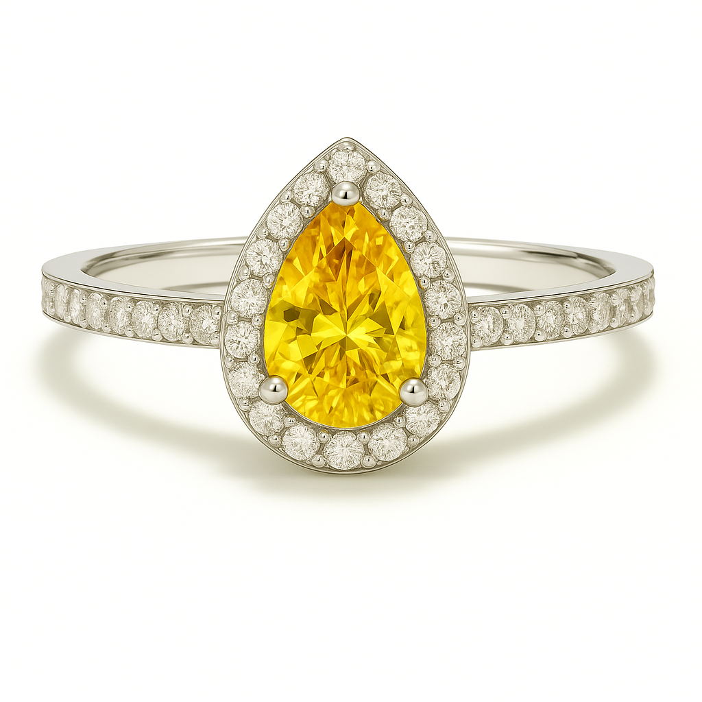 7×5 mm pear-cut yellow sapphire ring with Moissanite halo in white-gold-plated 925 silver. Radiant golden glow and timeless elegance. Available at BSI Jewelry.