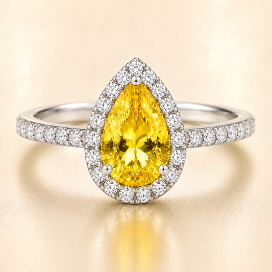 7×5 mm pear-cut yellow sapphire ring with Moissanite halo in white-gold-plated 925 silver. Radiant golden glow and timeless elegance. Available at BSI Jewelry.