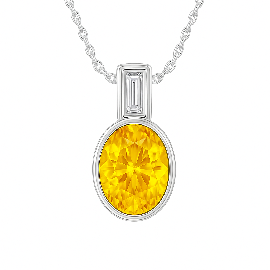 Elegant 7×5 mm Yellow Sapphire pendant in white-gold-plated 925 silver, highlighted with a Moissanite accent for refined sparkle. Available now at BSI Jewelry.