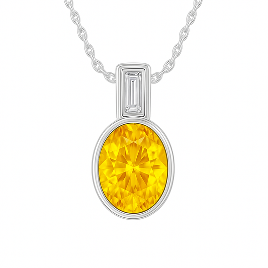 Elegant 7×5 mm Yellow Sapphire pendant in white-gold-plated 925 silver, highlighted with a Moissanite accent for refined sparkle. Available now at BSI Jewelry.
