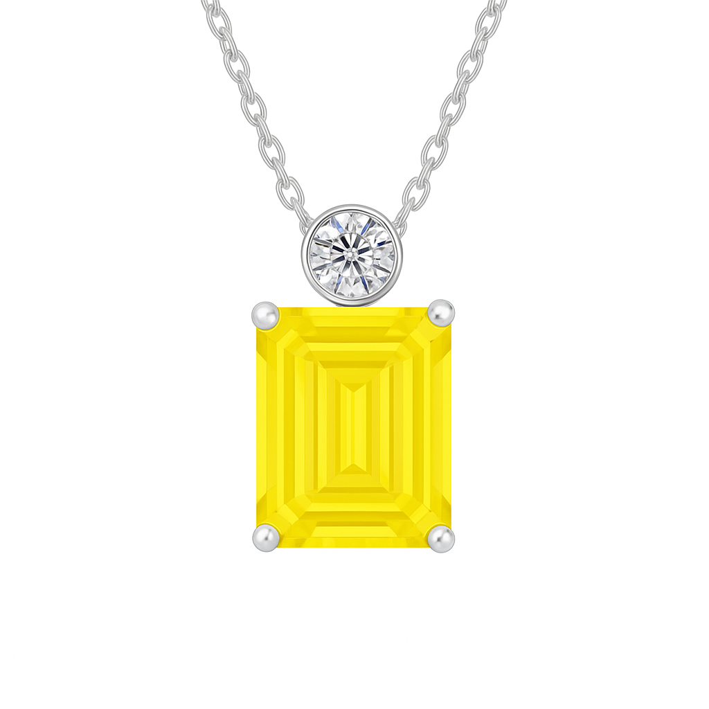 Yellow sapphire & Moissanite pendant with 7×5 emerald-cut stone in white gold-plated 925 silver. Vibrant sparkle and hypoallergenic comfort. Now at BSI Jewelry.