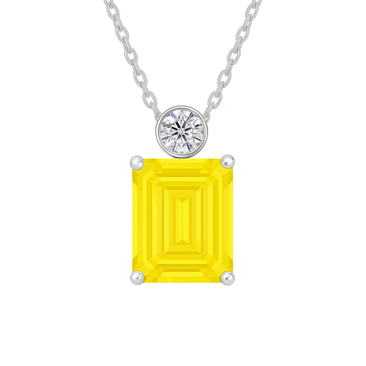Yellow sapphire & Moissanite pendant with 7×5 emerald-cut stone in white gold-plated 925 silver. Vibrant sparkle and hypoallergenic comfort. Now at BSI Jewelry.