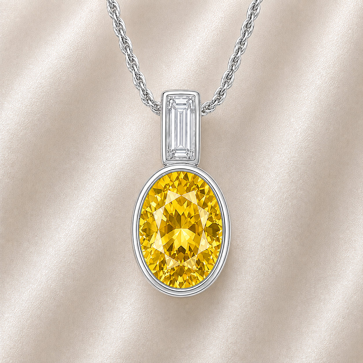 Elegant 7×5 mm Yellow Sapphire pendant in white-gold-plated 925 silver, highlighted with a Moissanite accent for refined sparkle. Available now at BSI Jewelry.