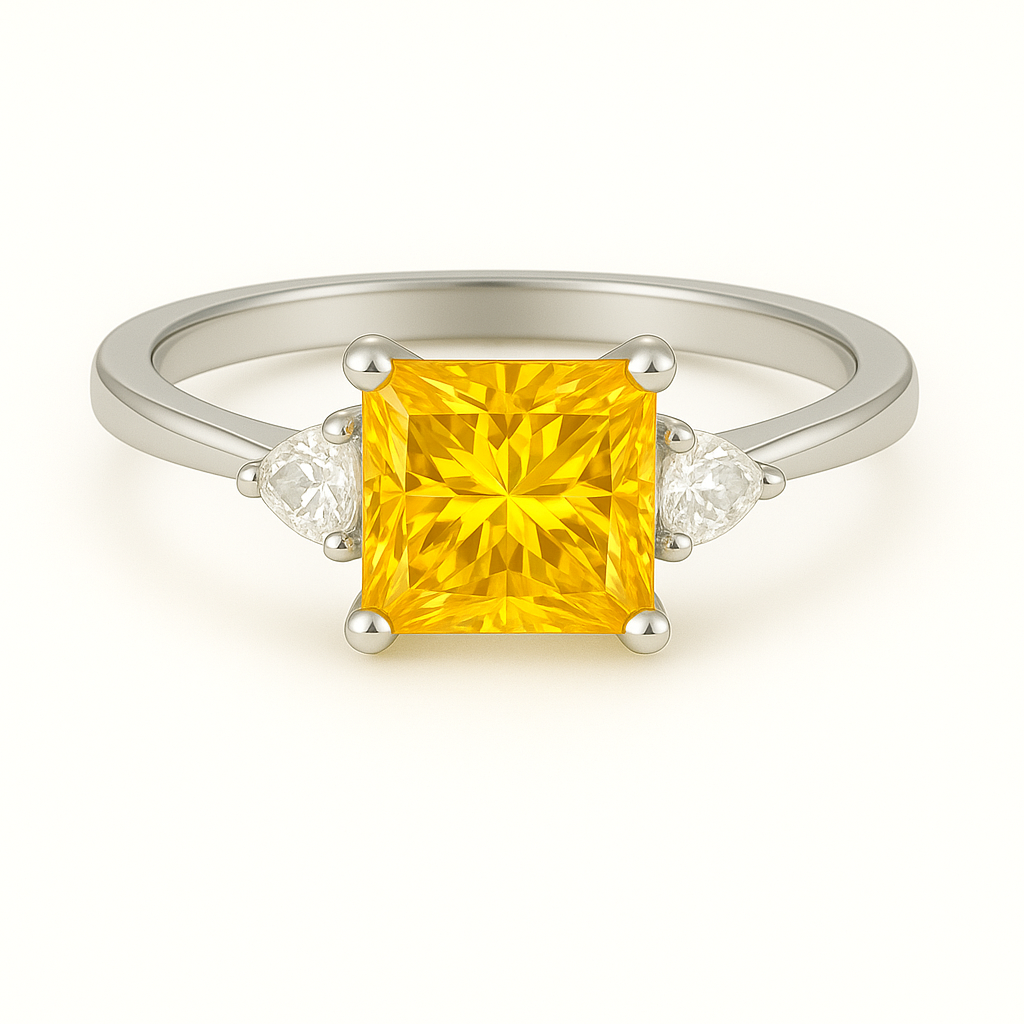 6 mm princess-cut yellow sapphire ring with Moissanite accents in white-gold-plated 925 silver. Radiant sparkle and timeless elegance. Available at BSI Jewelry.