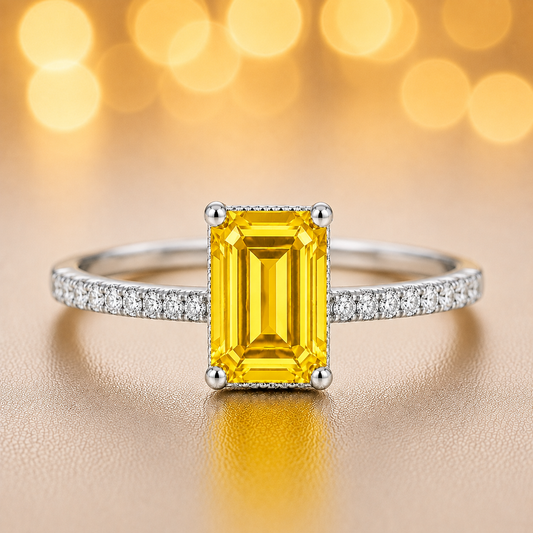 Emerald-cut 7×5 mm yellow sapphire ring with Moissanite on white gold-plated 925 silver. Elegant, radiant, and hypoallergenic. Available now at BSI Jewelry.