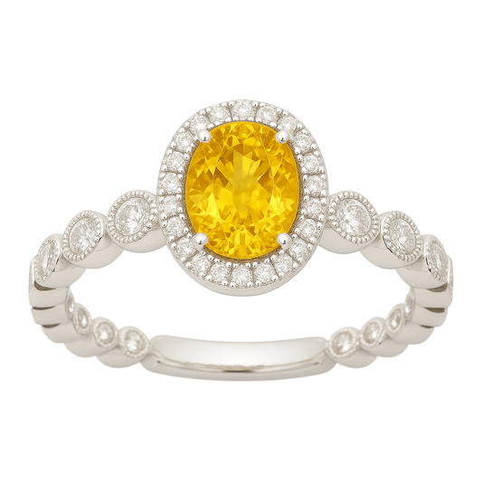 7×5 mm yellow sapphire ring with white Moissanite in white gold-plated hypoallergenic 925 silver. Elegant brilliance with warm color. Available now at BSI Jewelry.