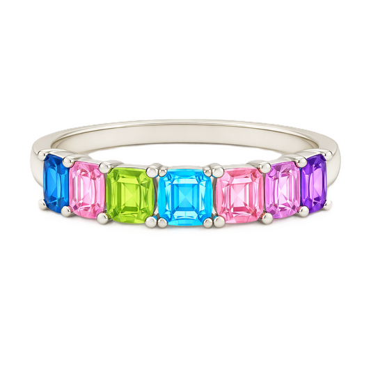 Multi-color gemstone ring with seven 3 mm Asscher-cut stones in white gold-plated 925 silver, creating a refined rainbow look. Shop BSI Jewelry.