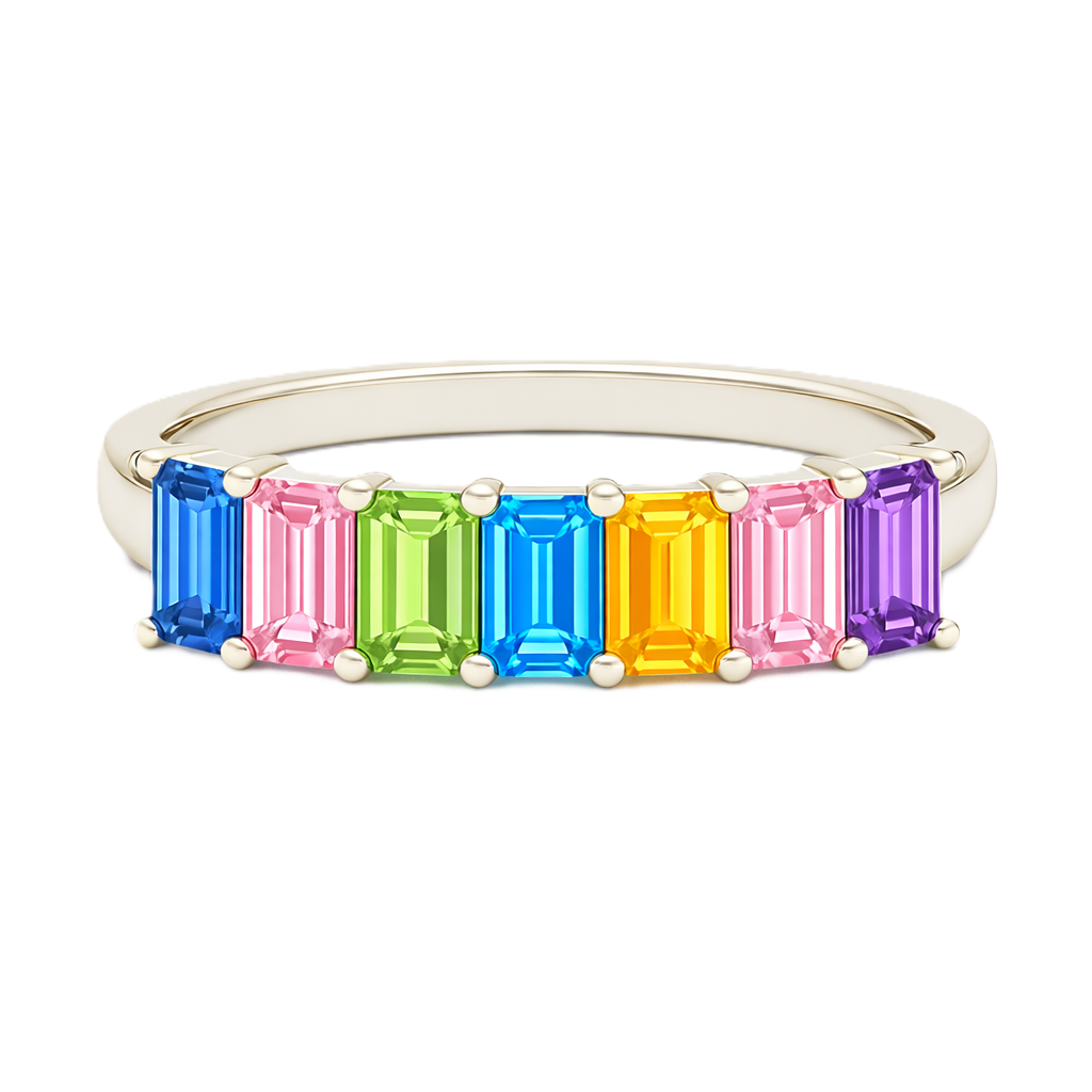 Multi-color gemstone ring with seven 5×3 mm emerald-cut stones in white gold-plated 925 silver, creating a refined rainbow look. Shop BSI Jewelry.