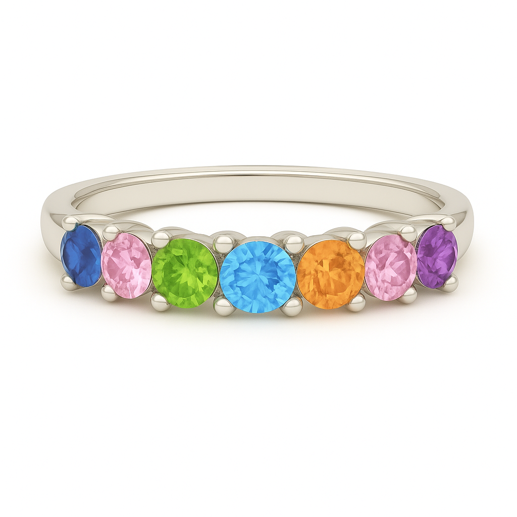 Vibrant multi-color semi-precious ring with 4 mm round brilliant stones in white gold-plated 925 silver and palladium alloy. Joyful play. Now at BSI Jewelry.