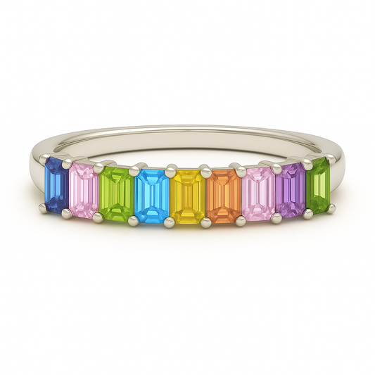 Vibrant multi-color semi-precious ring with 4×2mm emerald-cut stones in white gold-plated 925 silver and palladium alloy. Radiant joy. Available at BSI Jewelry.
