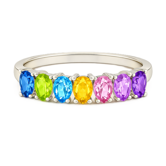 Multi-color semi-precious ring with five 5×3 mm pear-cut set in white gold-plated 925 silver, creating a refined rainbow look. Available now at BSI Jewelry.