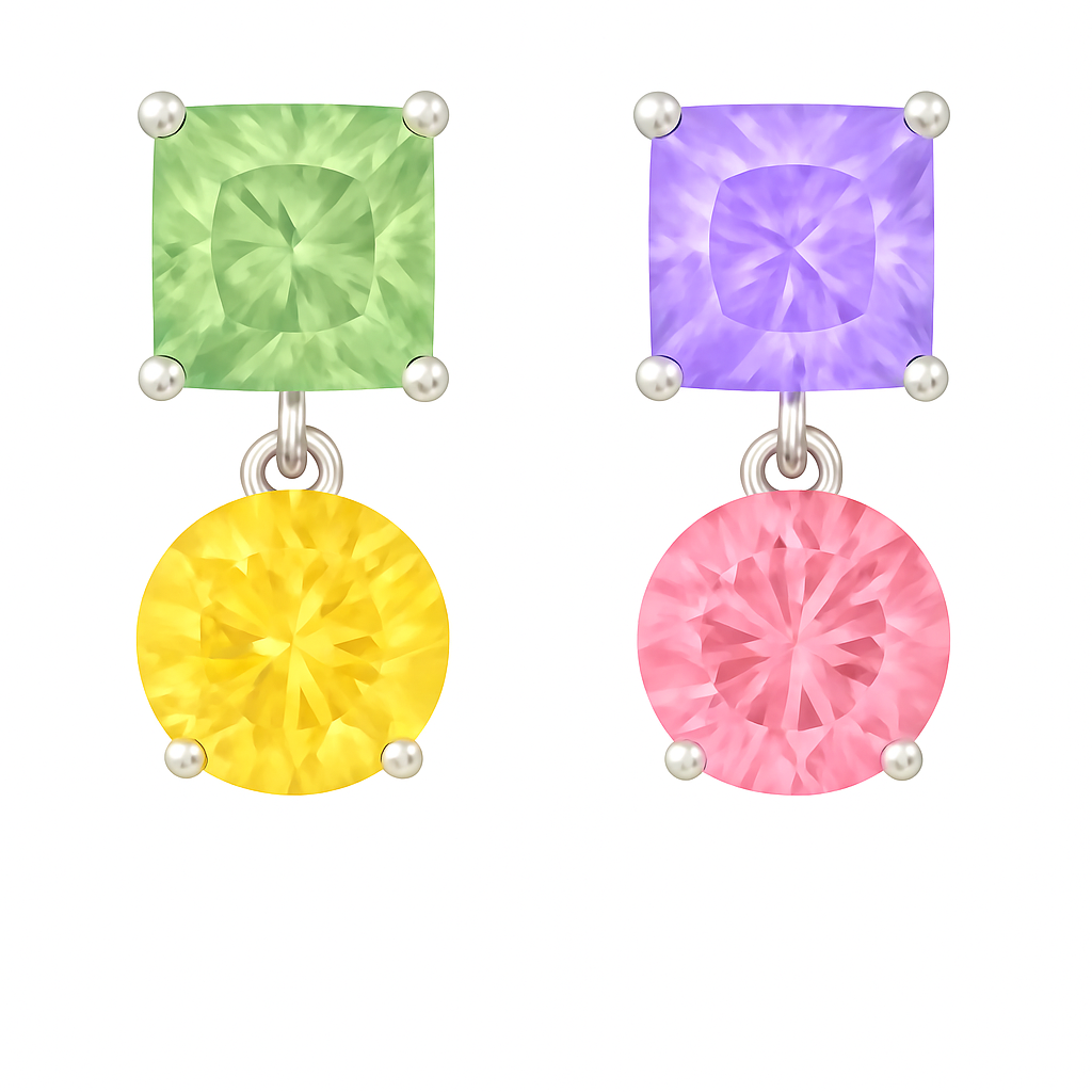 Multi sapphire drop earrings with 6 mm princess and round cuts, crafted in white gold-plated 925 silver. Elegant and colorful. Available now at BSI Jewelry.