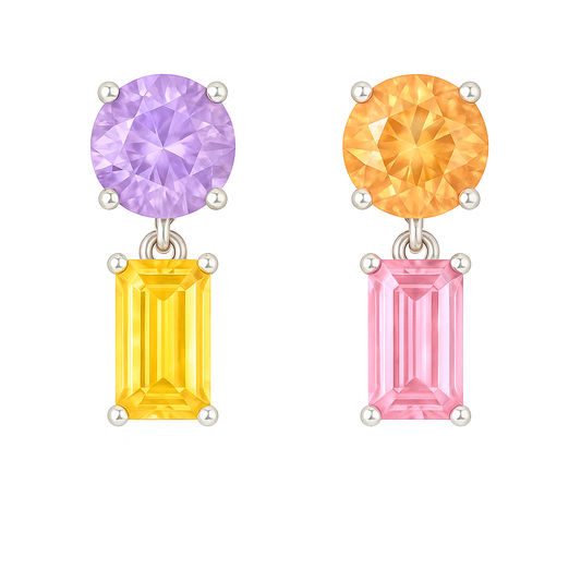 Multi sapphire earrings with 5 mm round and 6×3 mm emerald cuts, crafted in white gold-plated 925 silver. Elegant and colorful. Available now at BSI Jewelry.