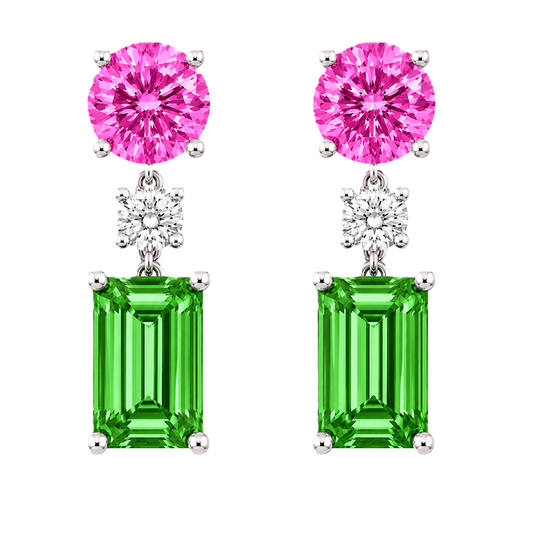 Multi sapphire earrings with 5 mm round and 7x5 mm emerald cuts, crafted in white gold-plated 925 silver. Elegant and colorful. Available now at BSI Jewelry.