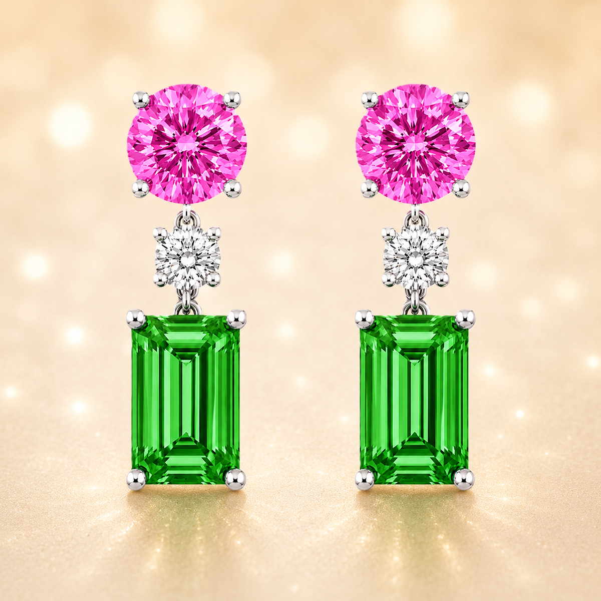 Multi sapphire earrings with 5 mm round and 7x5 mm emerald cuts, crafted in white gold-plated 925 silver. Elegant and colorful. Available now at BSI Jewelry.