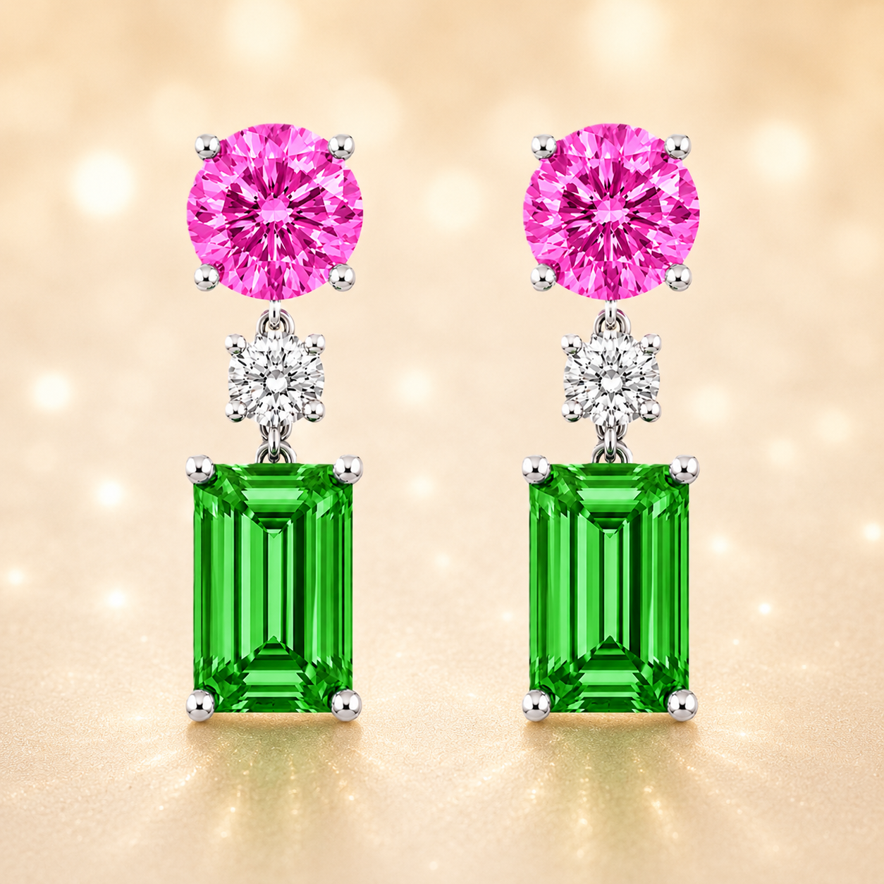 Multi sapphire earrings with 5 mm round and 7x5 mm emerald cuts, crafted in white gold-plated 925 silver. Elegant and colorful. Available now at BSI Jewelry.
