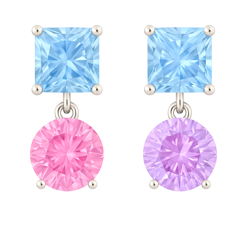 Multi sapphire earrings with 6 mm princess and round cuts, crafted in white gold-plated 925 silver. Elegant and colorful. Available now at BSI Jewelry.