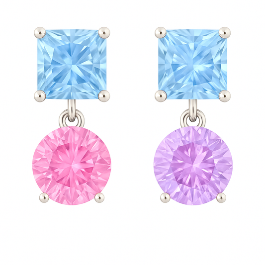 Multi sapphire earrings with 6 mm princess and round cuts, crafted in white gold-plated 925 silver. Elegant and colorful. Available now at BSI Jewelry.