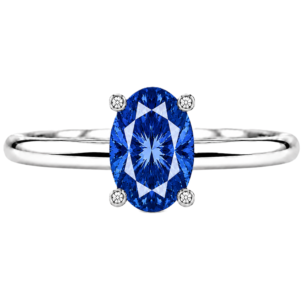 Blue sapphire engagement ring featuring a 6×4 mm oval gemstone in white gold-plated 925 silver. Royal and hypoallergenic. Available now at BSI Jewelry.