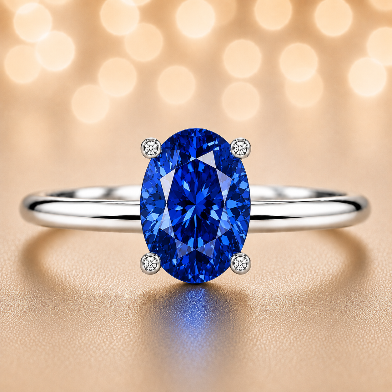 Blue sapphire engagement ring featuring a 6×4 mm oval gemstone in white gold-plated 925 silver. Royal and hypoallergenic. Available now at BSI Jewelry.