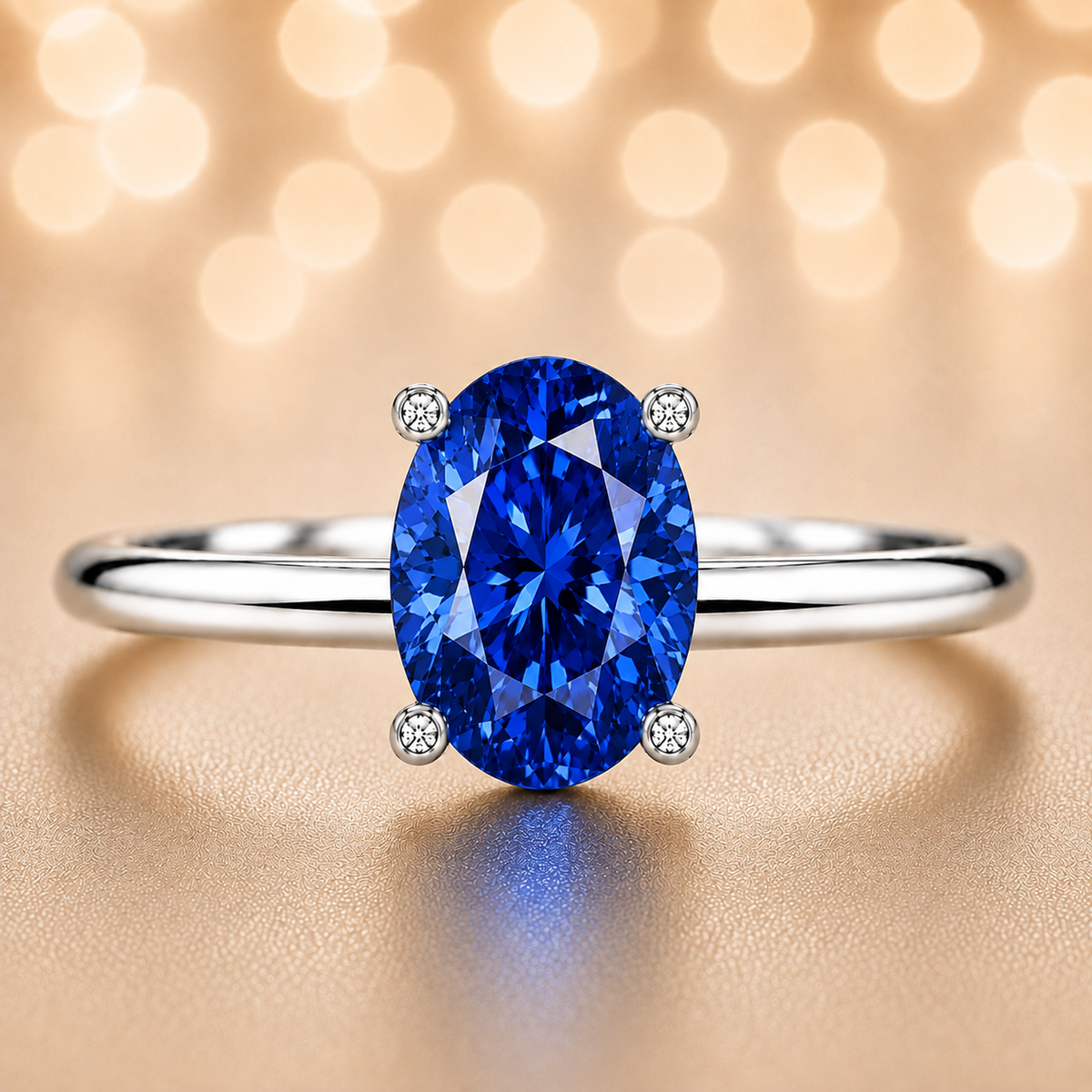 Blue sapphire engagement ring featuring a 6×4 mm oval gemstone in white gold-plated 925 silver. Royal and hypoallergenic. Available now at BSI Jewelry.