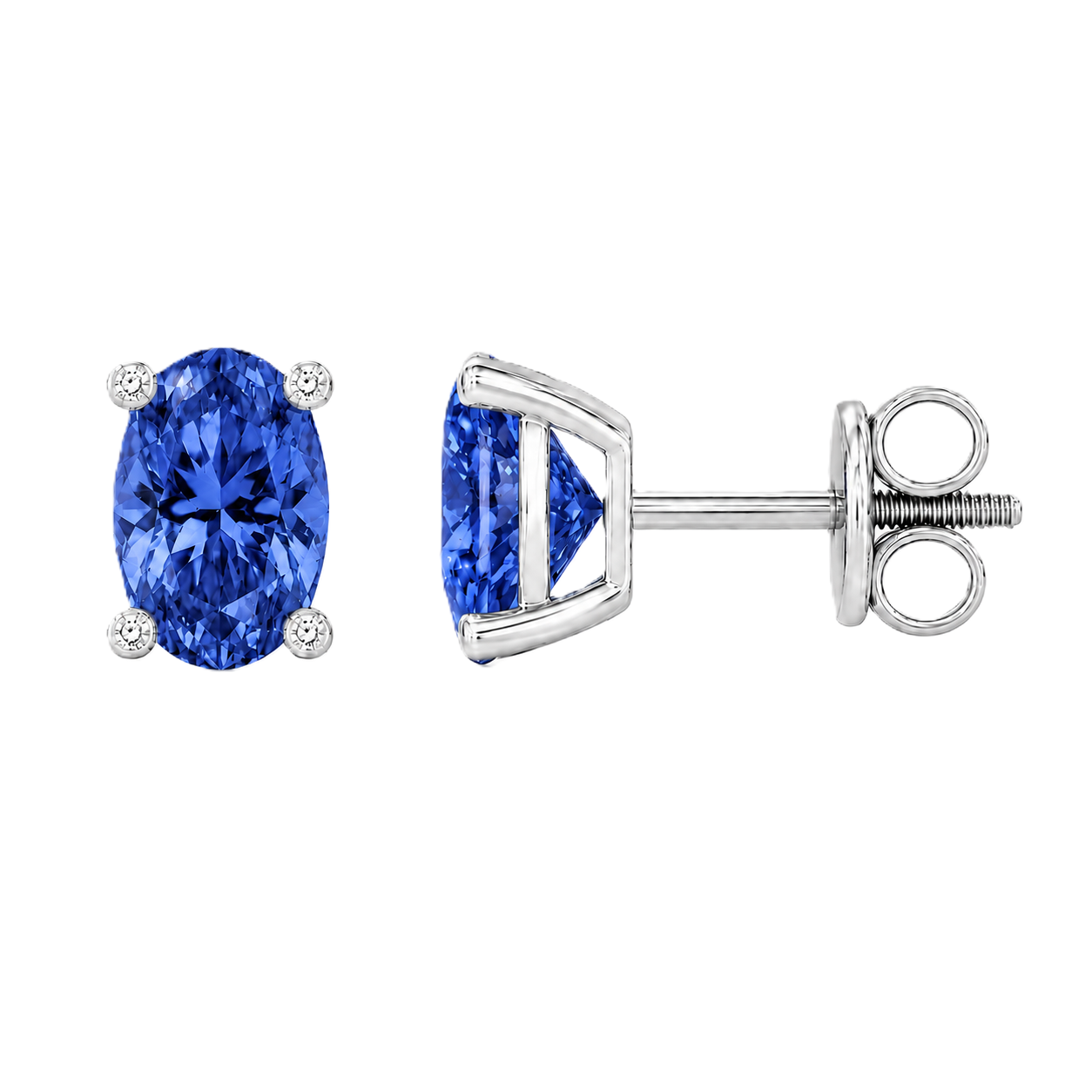 Oval blue sapphire stud earrings with 6×4 mm oval stones and moissanite prongs in white gold plated 925 silver. Available now at BSI Jewelry.
