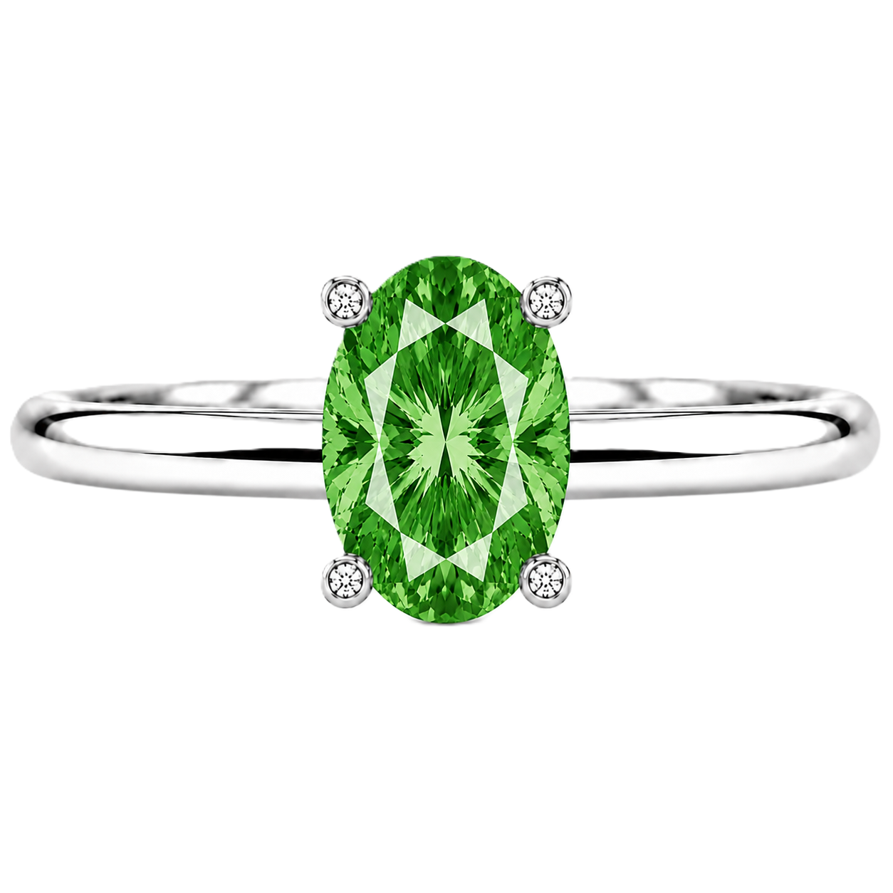 Green sapphire engagement ring featuring a 6×4 mm oval gemstone in white gold-plated 925 silver. Vibrant and hypoallergenic. Available now at BSI Jewelry.