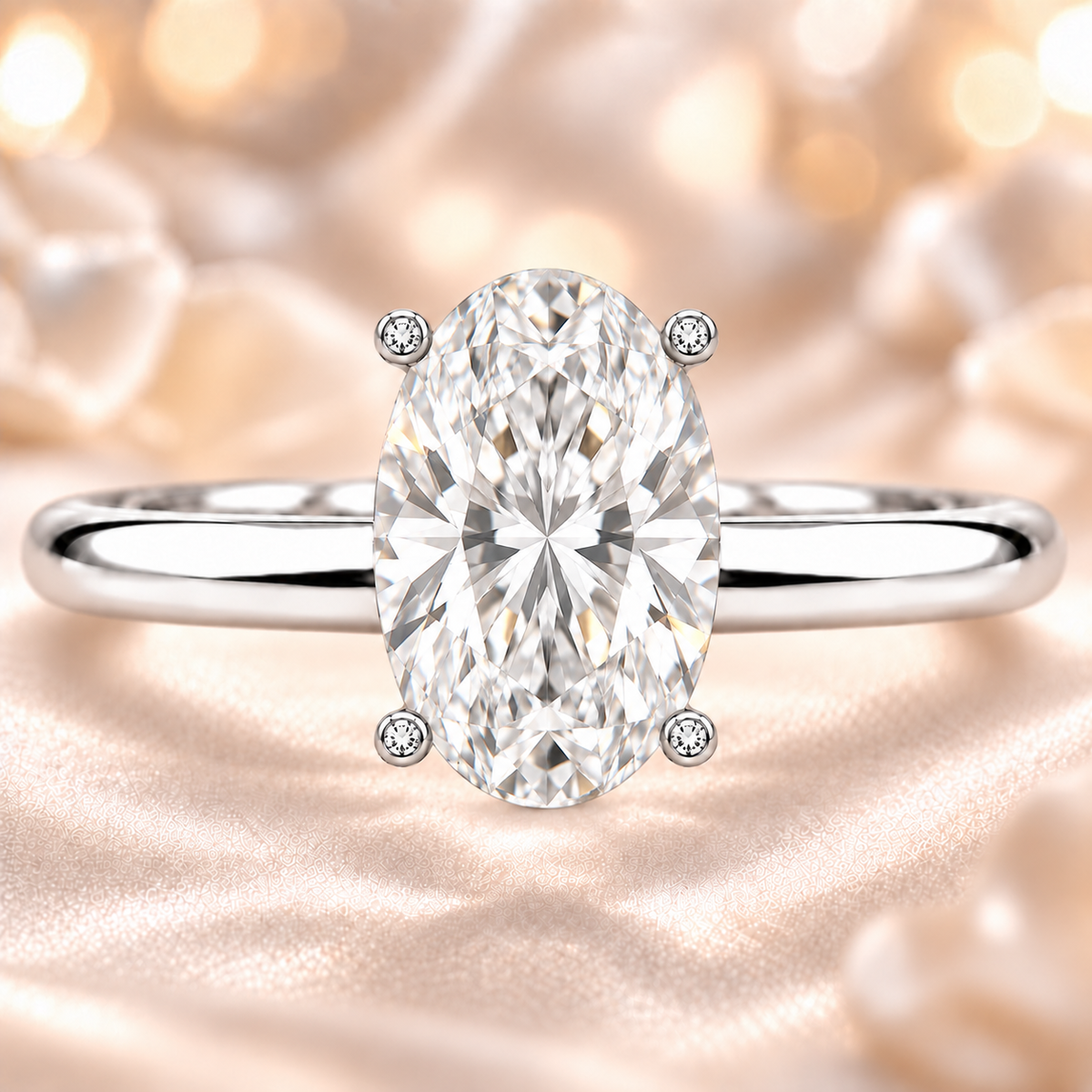 Oval moissanite engagement ring featuring a brilliant 6x4 mm oval center stone in white gold-plated 925 silver. Elegant, timeless, and available at BSI Jewelry.