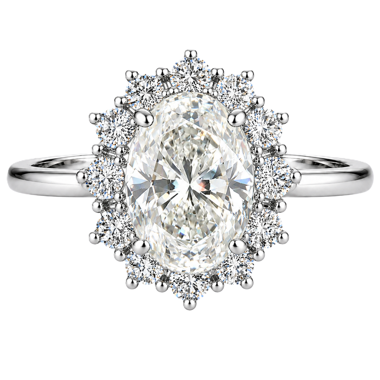 Moissanite halo ring, 8×6 mm oval, crafted in white gold-plated 925 silver. Hypoallergenic and elegant for daily wear. Available now at BSI Jewelry.