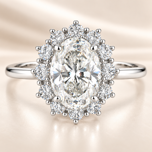 Moissanite halo ring, 8×6 mm oval, crafted in white gold-plated 925 silver. Hypoallergenic and elegant for daily wear. Available now at BSI Jewelry.