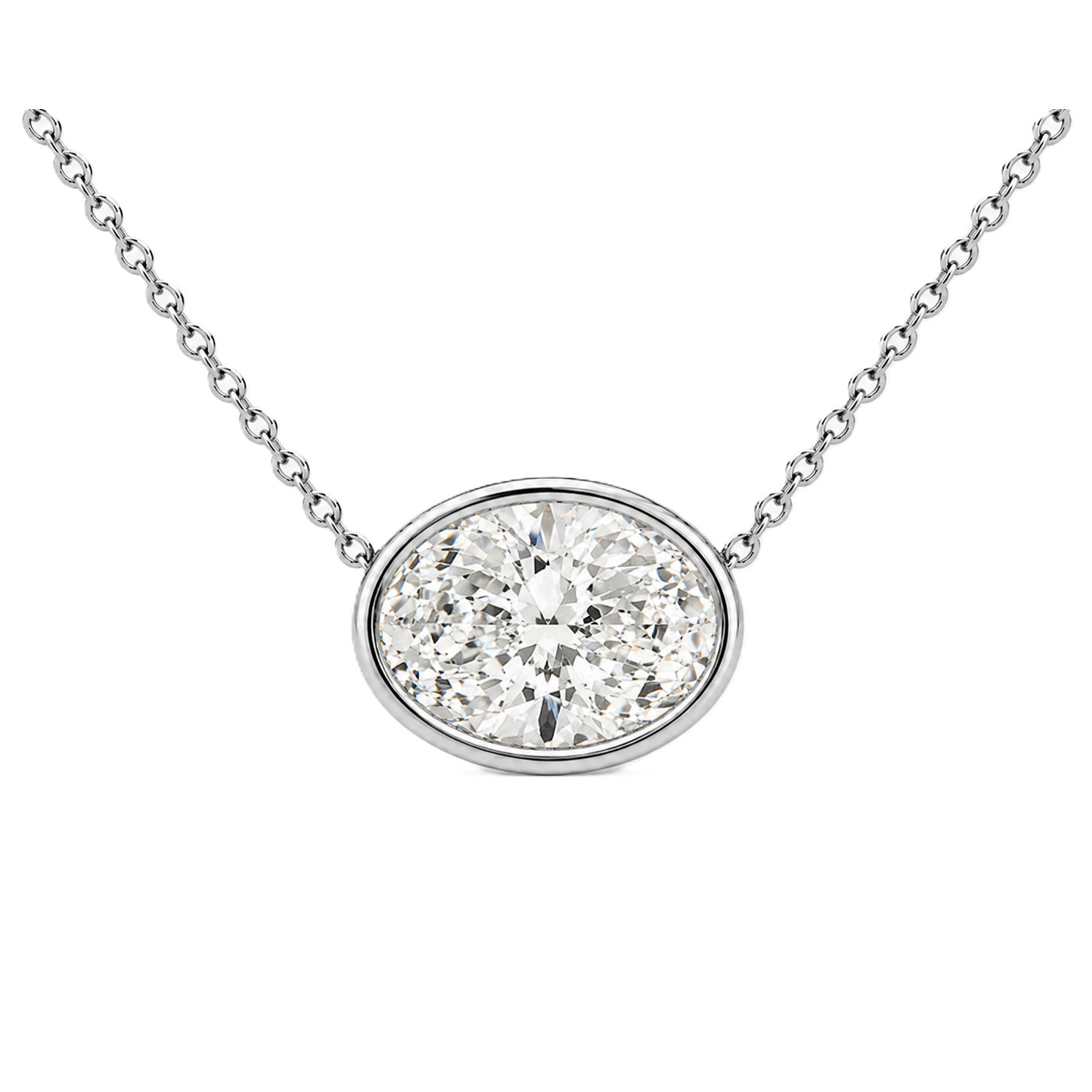 Oval moissanite necklace, 11 x 9 mm oval, set in white gold-plated 925 silver. Brilliant sparkle, hypoallergenic elegance. Available now at BSI Jewelry.