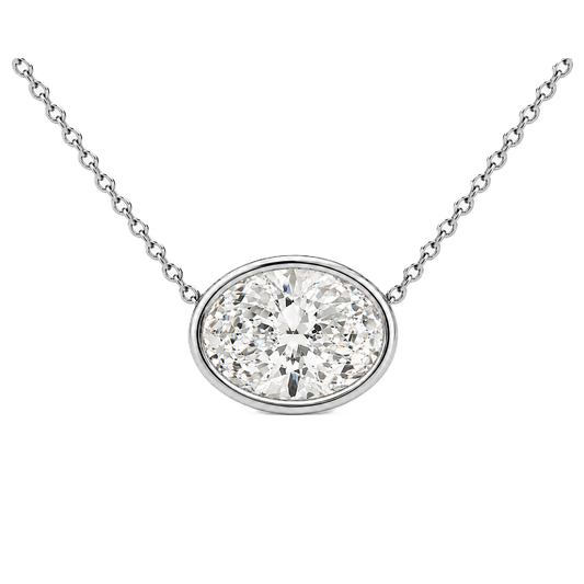 Oval moissanite necklace, 11 x 9 mm oval, set in white gold-plated 925 silver. Brilliant sparkle, hypoallergenic elegance. Available now at BSI Jewelry.