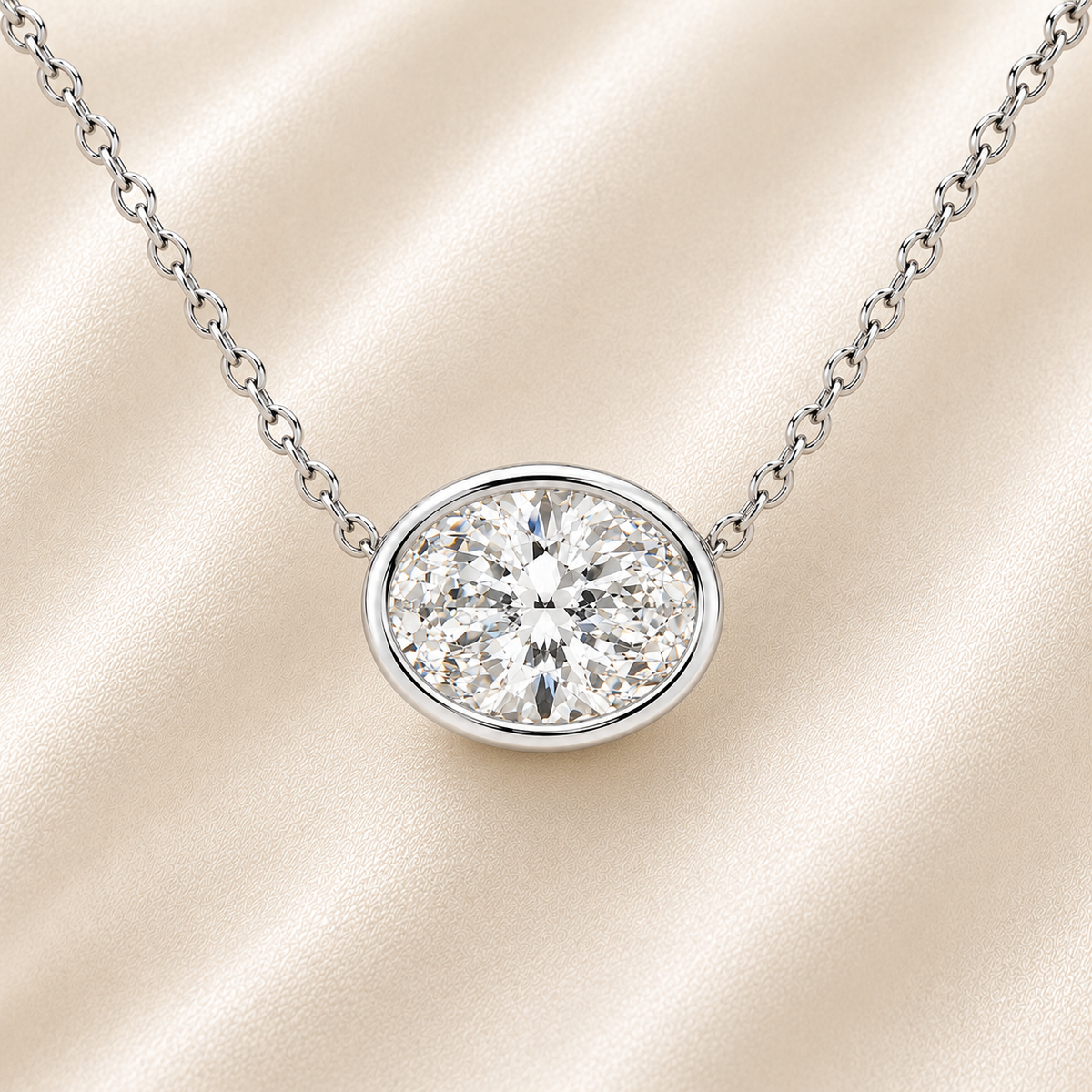 Oval moissanite necklace, 11 x 9 mm oval, set in white gold-plated 925 silver. Brilliant sparkle, hypoallergenic elegance. Available now at BSI Jewelry.