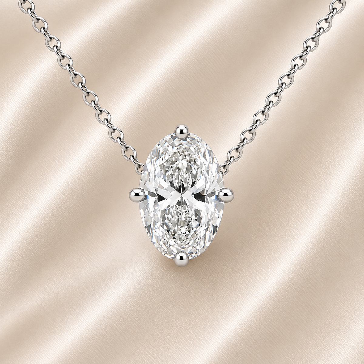 Oval moissanite necklace, 11×9 mm oval, crafted in white gold-plated 925 silver. Hypoallergenic and elegant for daily wear. Available now at BSI Jewelry.
