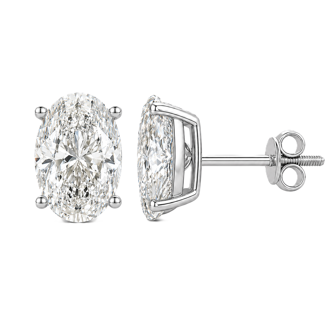 Oval moissanite stud earrings, 8×6 mm oval shape, set in white gold-plated 925 silver. Brilliant sparkle, hypoallergenic, and timeless. Available now at BSI Jewelry.