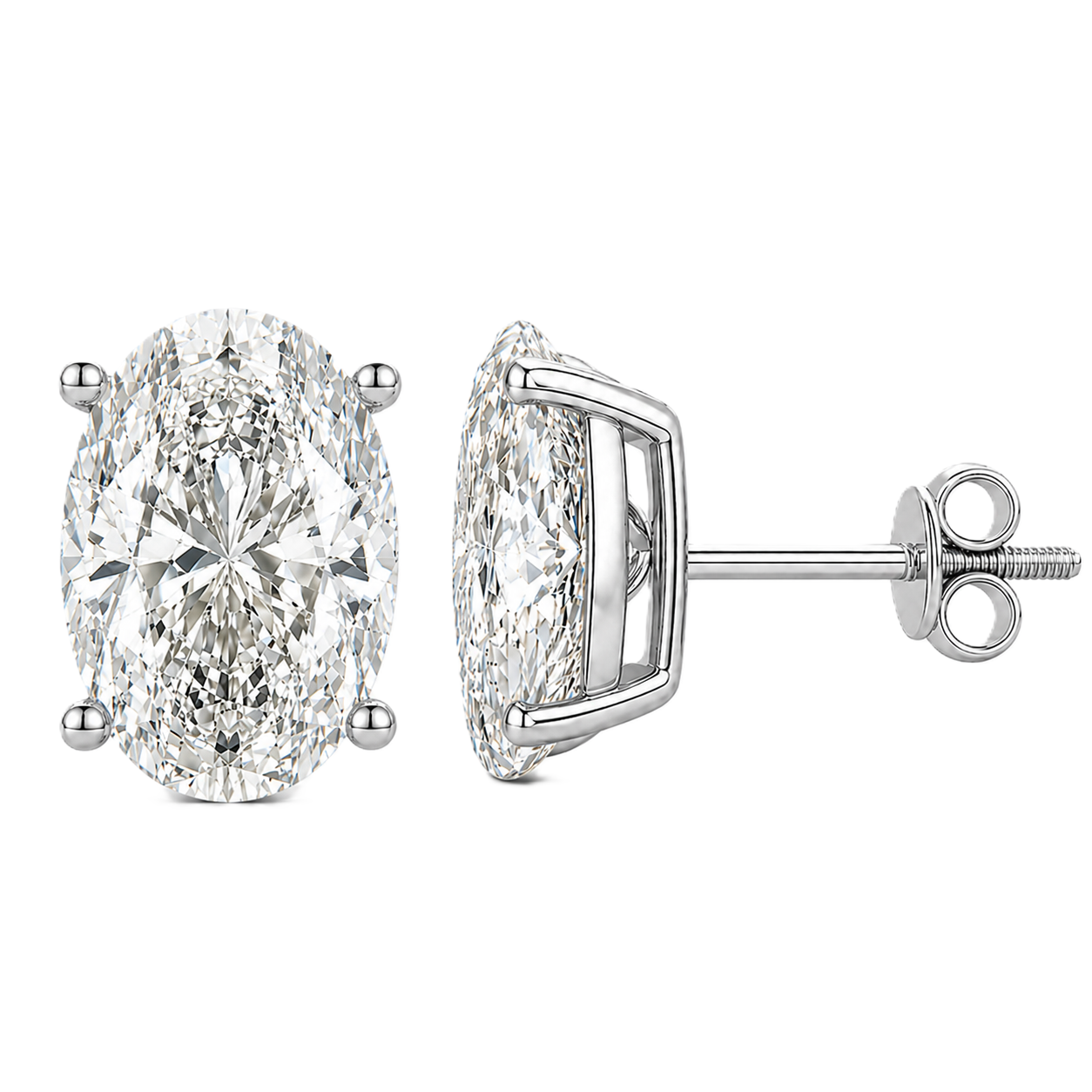 Oval moissanite stud earrings, 9×7 mm oval in white gold-plated 925 silver with screw-back posts. Elegant sparkle for daily wear. Available now at BSI Jewelry.