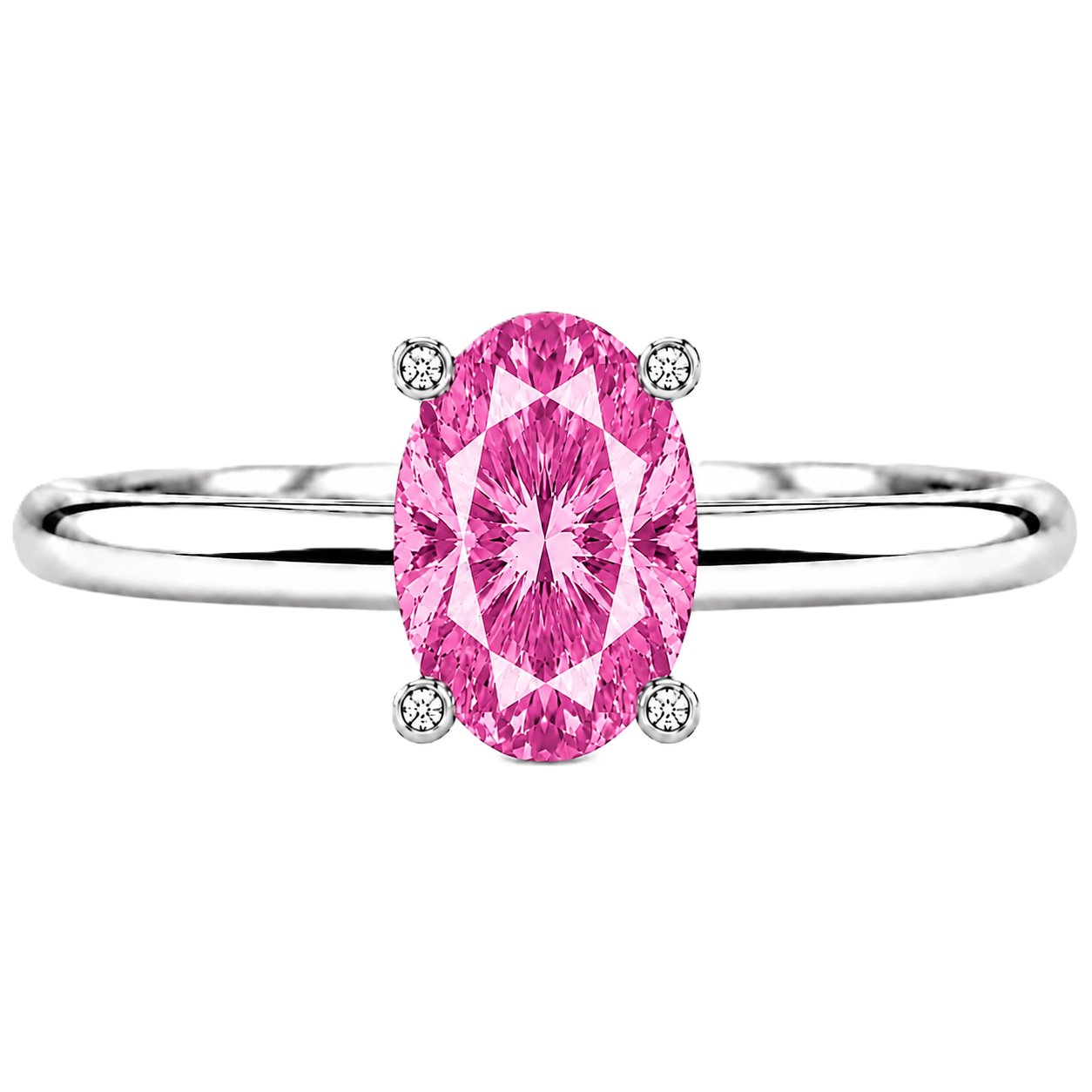 Pink sapphire engagement ring featuring a 6×4 mm oval gemstone in white gold-plated 925 silver. Romantic and hypoallergenic. Available now at BSI Jewelry.