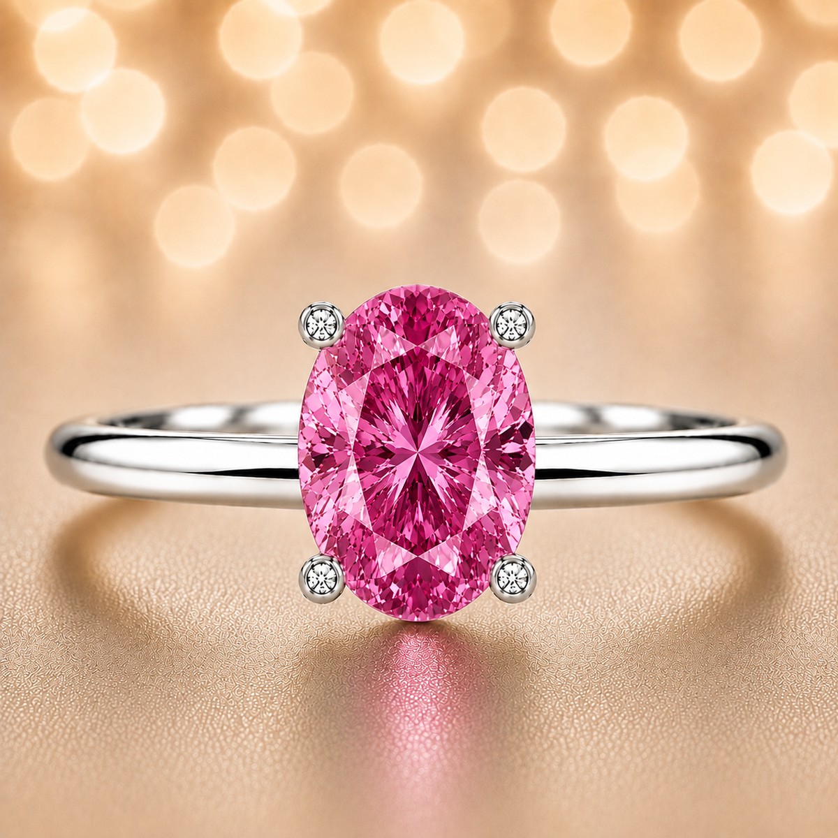 Pink sapphire engagement ring featuring a 6×4 mm oval gemstone in white gold-plated 925 silver. Romantic and hypoallergenic. Available now at BSI Jewelry.