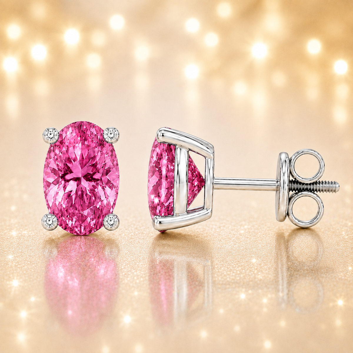 Oval pink sapphire stud earrings with 6×4 mm oval stones and moissanite prongs in white gold plated 925 silver. Available now at BSI Jewelry.