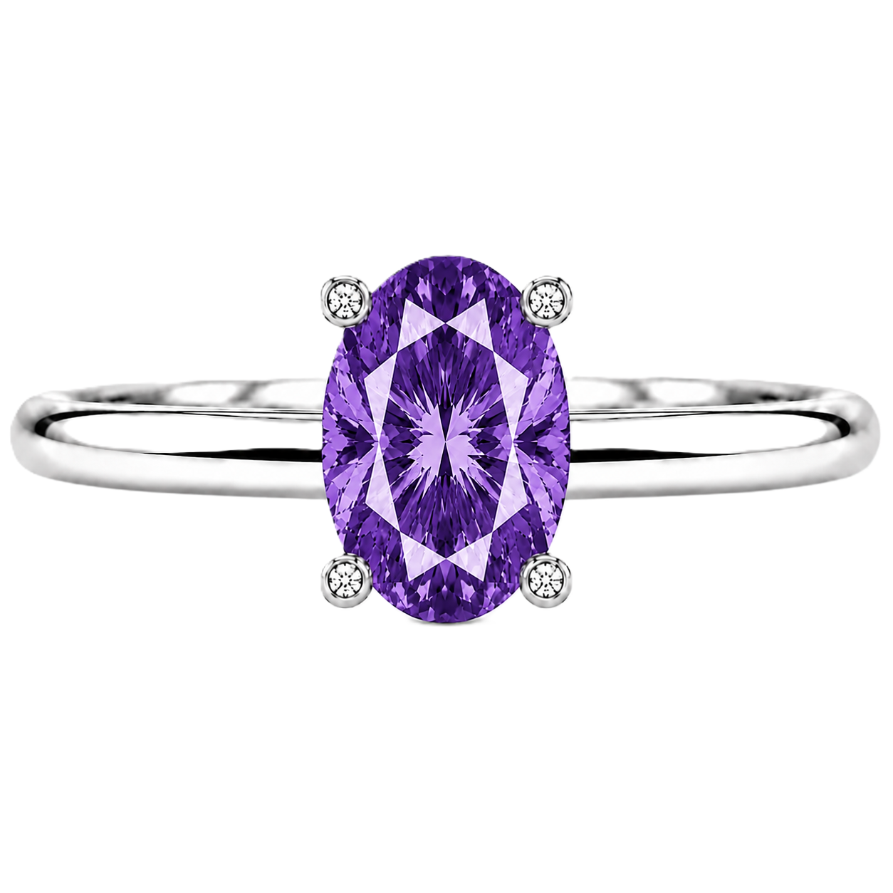 Purple sapphire engagement ring featuring a 6×4 mm oval gemstone in white gold-plated 925 silver. Mystic and hypoallergenic. Available now at BSI Jewelry.