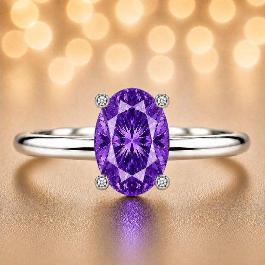 Purple sapphire engagement ring featuring a 6×4 mm oval gemstone in white gold-plated 925 silver. Mystic and hypoallergenic. Available now at BSI Jewelry.