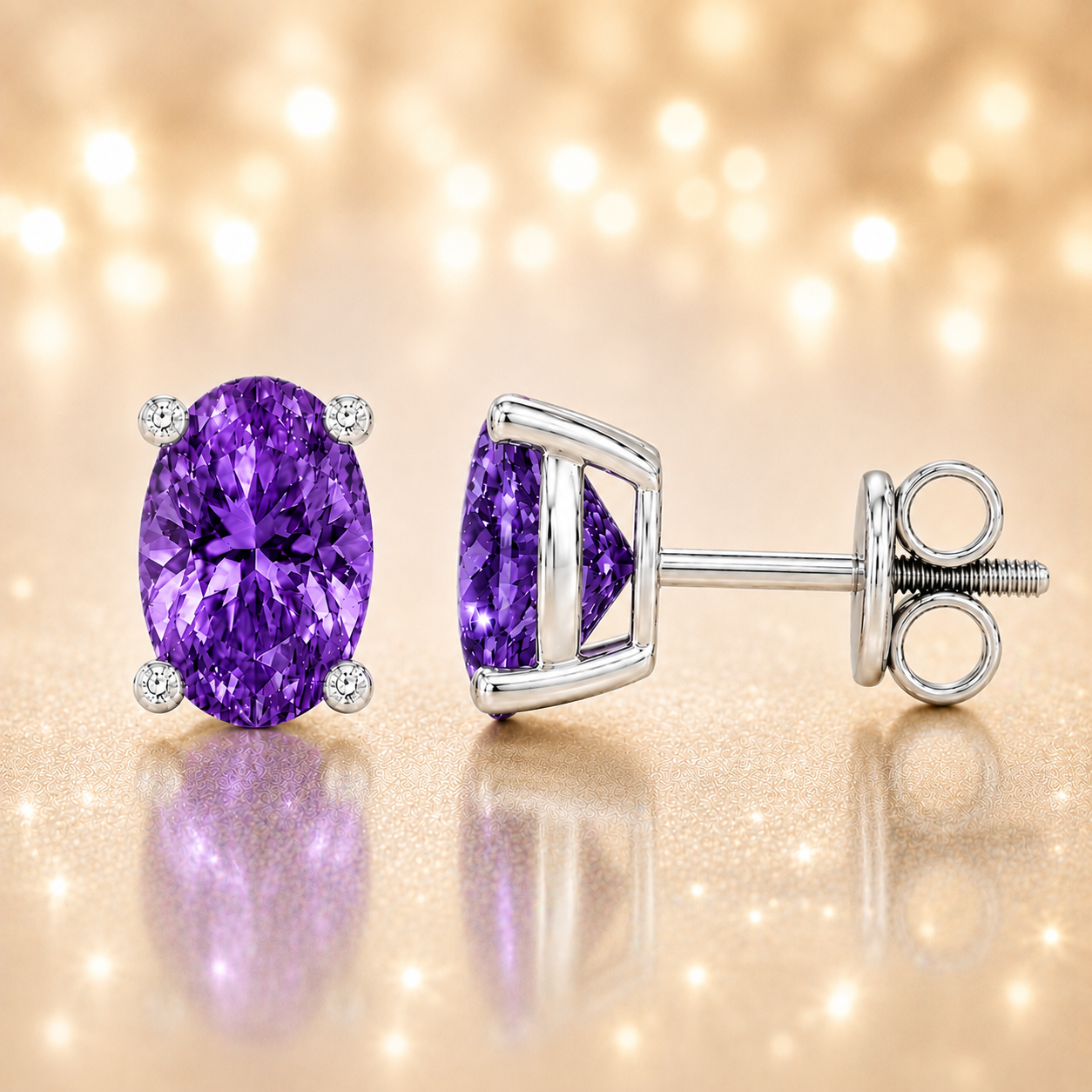 Oval purple sapphire stud earrings with 6×4 mm oval stones and moissanite prongs in white gold plated 925 silver. Available now at BSI Jewelry.