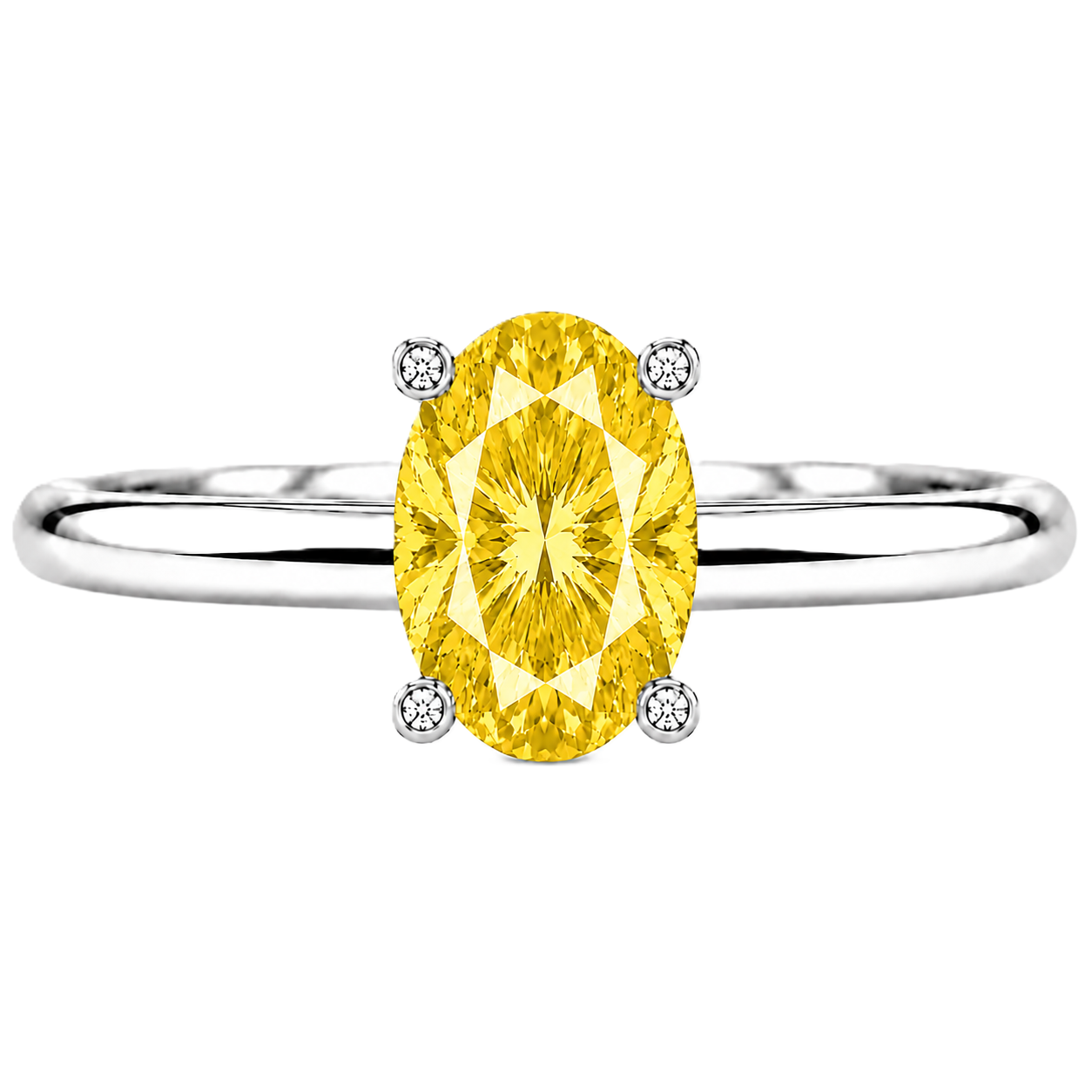 Yellow sapphire engagement ring featuring a 6×4 mm oval gemstone in white gold-plated 925 silver. Radiant and hypoallergenic. Available now at BSI Jewelry.