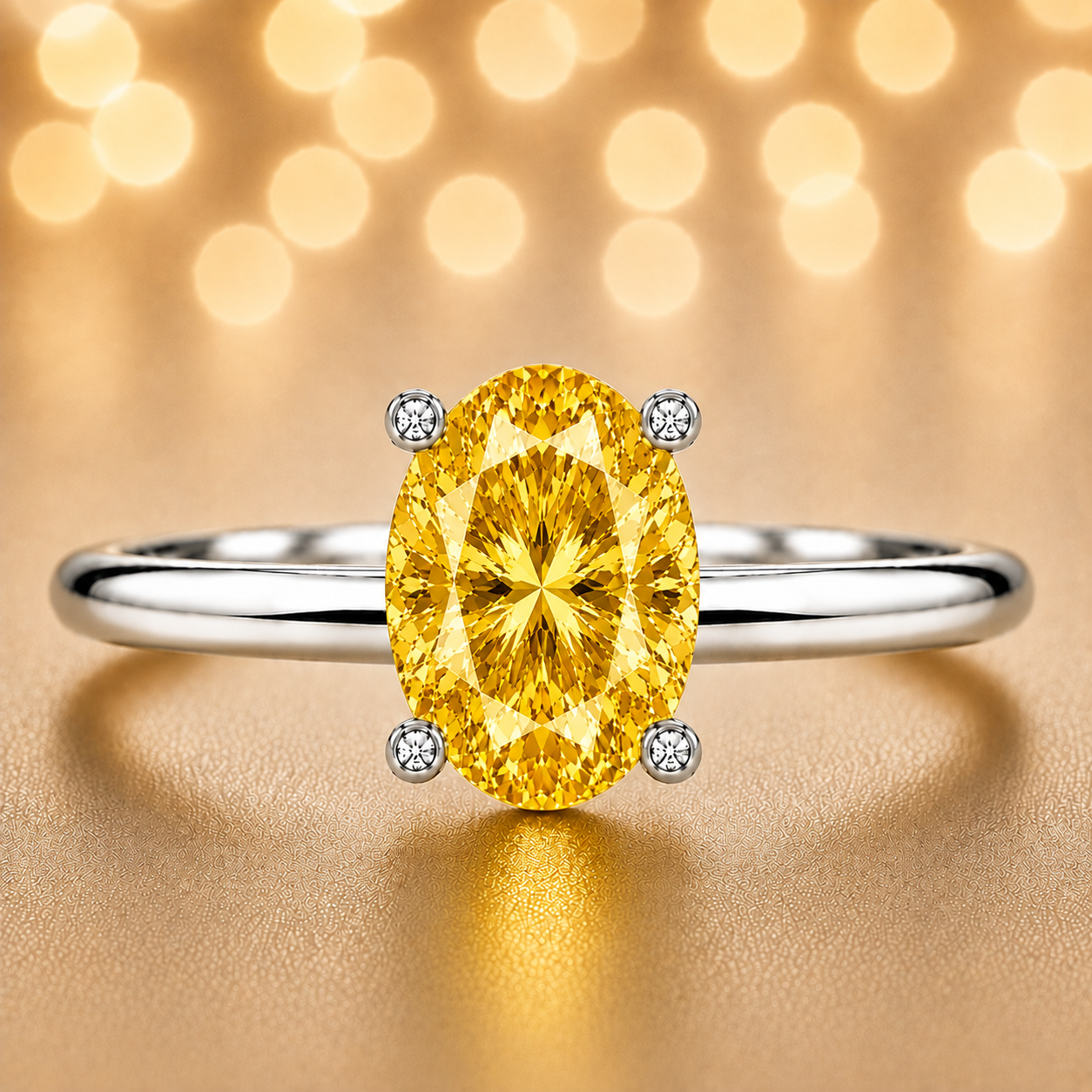 Yellow sapphire engagement ring featuring a 6×4 mm oval gemstone in white gold-plated 925 silver. Radiant and hypoallergenic. Available now at BSI Jewelry.