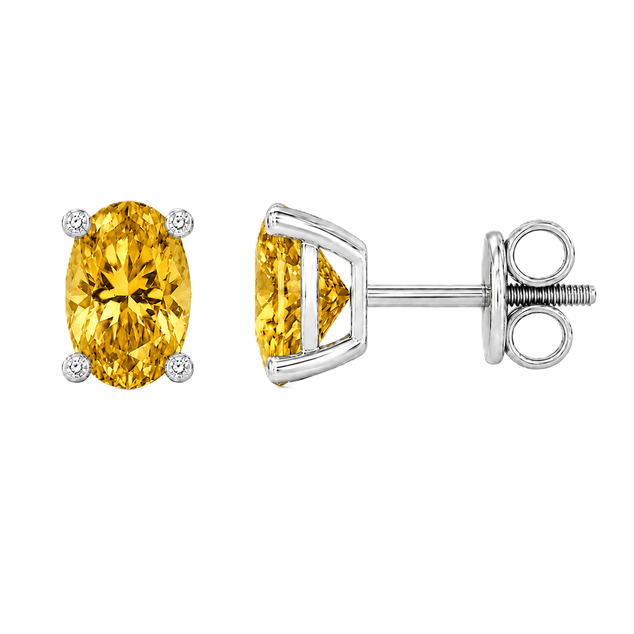 Oval yellow sapphire stud earrings with 6×4 mm oval stones and moissanite prongs in white gold plated 925 silver. Available now at BSI Jewelry.